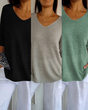 Kit 3 Blusas Luna® em Malha Leve – Decote V Elegante