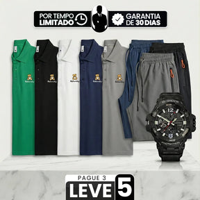 [Pague Só 3, Leve 5!] Polo Ursus Masculina em Malha Piquet (Algodão e Poliéster) com Acabamento Reforçado e Logo Bordado + 3 Bermudas e Relógio