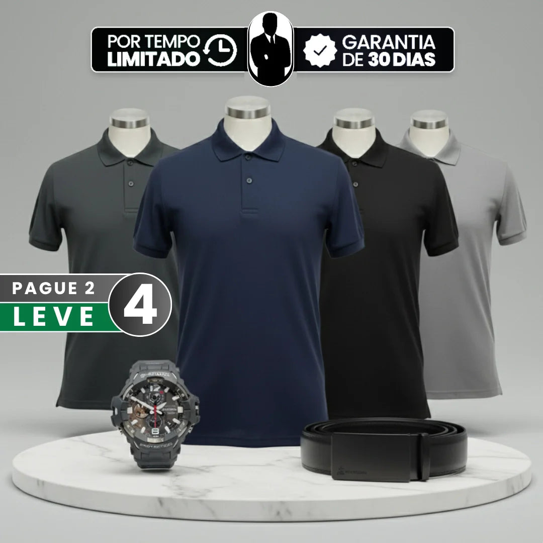 [Leve 4, Pague Só 2] Camisa Polo Masculina Drax de Manga Curta em Poliéster e Elastano com Forro Térmico + Relógio e Cinto GRÁTIS
