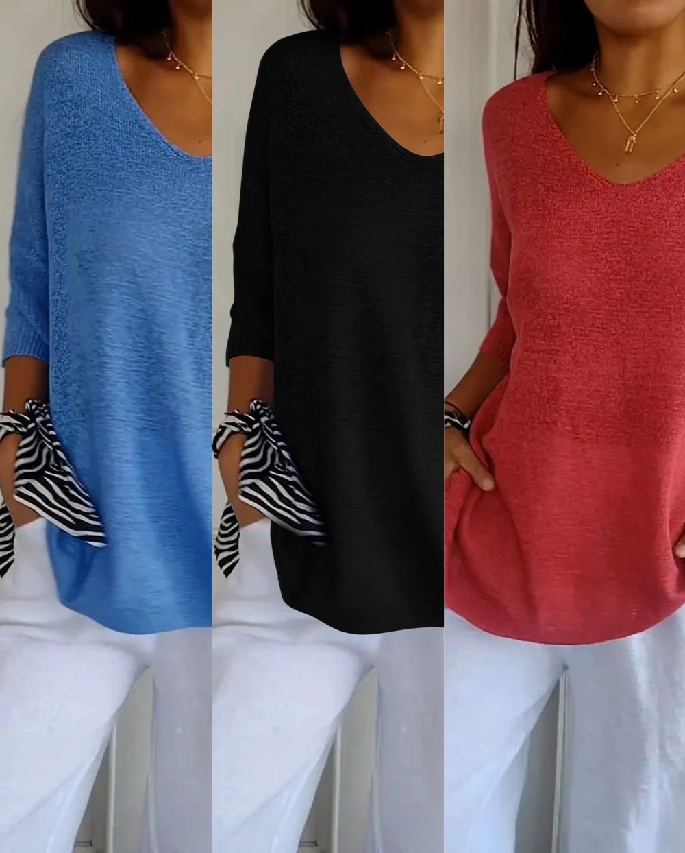 Kit 3 Blusas Luna® em Malha Leve – Decote V Elegante